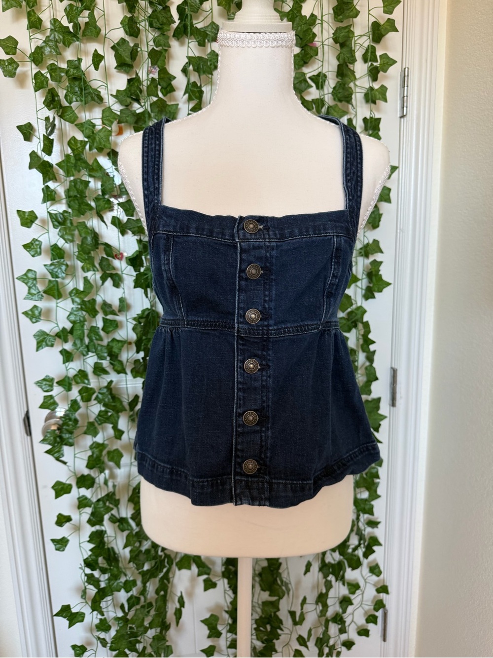 American Eagle Outfitters Dark Blue Denim Button-Front Tank Top